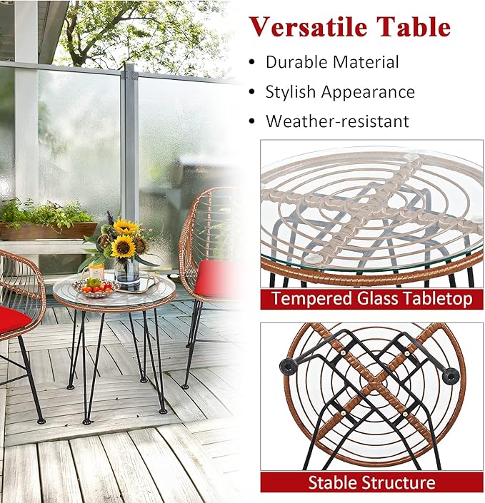 Tangkula 3 Pieces Patio Conversation Bistro Set, Outdoor Wicker Furniture w/Round Tempered Glass Top Table & 2 Rattan Armchairs, Bistro Chat Set w/Seat Cushions for Porch, Backyard, Garden