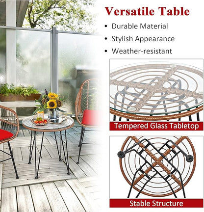 Tangkula 3 Pieces Patio Conversation Bistro Set, Outdoor Wicker Furniture w/Round Tempered Glass Top Table & 2 Rattan Armchairs, Bistro Chat Set w/Seat Cushions for Porch, Backyard, Garden