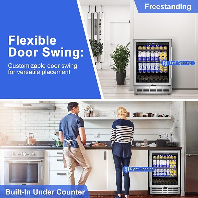 24" 200-Can Beverage Fridge, Under Counter/Freestanding with Glass Door | Temp memory, Reversible door, Quick cool, Beer soda wine, Adjustable shelves, Energy efficient, Digital display, Home bar
