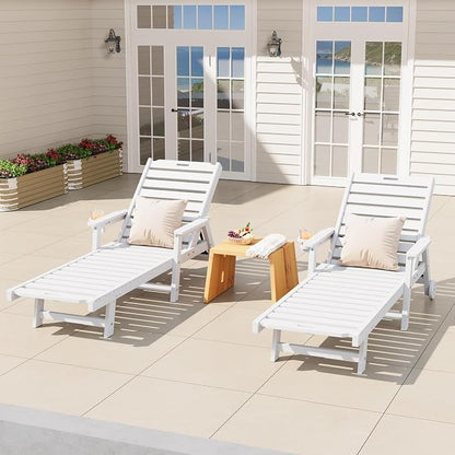 Garvee Lounge Chair Outdoor with Wheels & 5-Position Adjustable Backrest, Oversized Chaise Lounge with 2 Move Handle, HDPE Outdoor Lounge Chair w/Detachable Cup Holder, for Patio, Pool,White