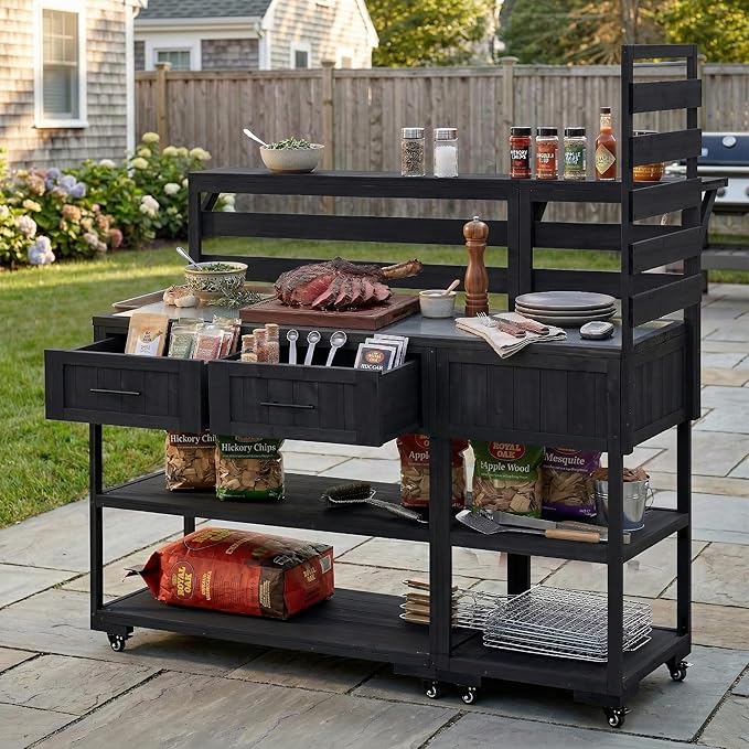 GDFStudio Elshire Patio Kitchen Island Cart with Storage, Wooden Outdoor Storage Cabinet with Stainless Steel BBQ Prep Table Top, Drawers, Raised Shelf and Lockable Wheels, Garden Potting Bench, Black