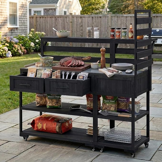 GDFStudio Elshire Patio Kitchen Island Cart with Storage, Wooden Outdoor Storage Cabinet with Stainless Steel BBQ Prep Table Top, Drawers, Raised Shelf and Lockable Wheels, Garden Potting Bench, Black