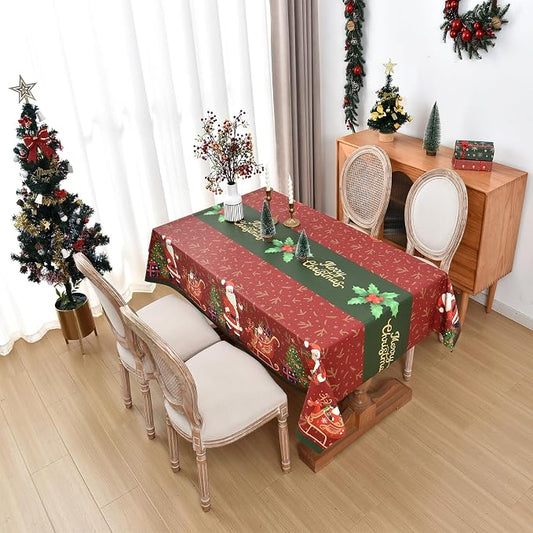Christmas Tablecloth Heavy Duty Vinyl Red 54x54 inch Rectangle Christmas Table Cloth Reusable Waterproof Foldable Plastic Tablecloths PVC Xmas Table Cover for New Year Party Decor