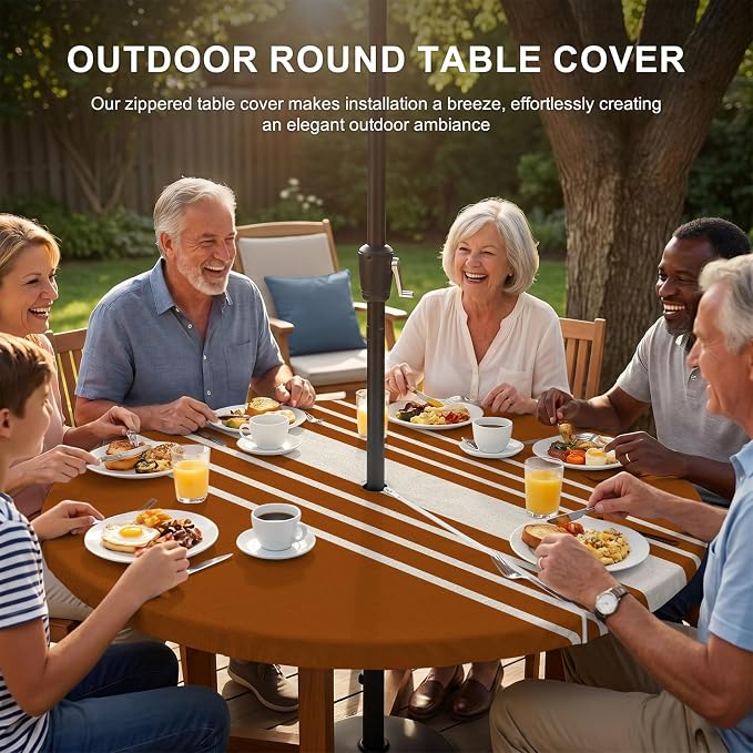 Outdoor Fitted Tablecloth with Umbrella Hole and Zipper, Burnt Orange Beige Striped Elastic Round Patio Table Cover, Farmhouse Retro Lines Modern Table Protector for Backyard BBQ Party 36''-44''