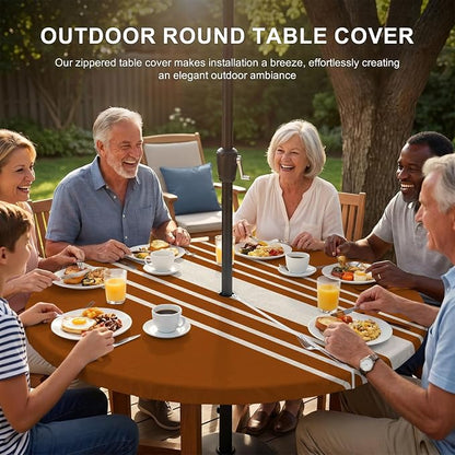 Outdoor Fitted Tablecloth with Umbrella Hole and Zipper, Burnt Orange Beige Striped Elastic Round Patio Table Cover, Farmhouse Retro Lines Modern Table Protector for Backyard BBQ Party 36''-44''