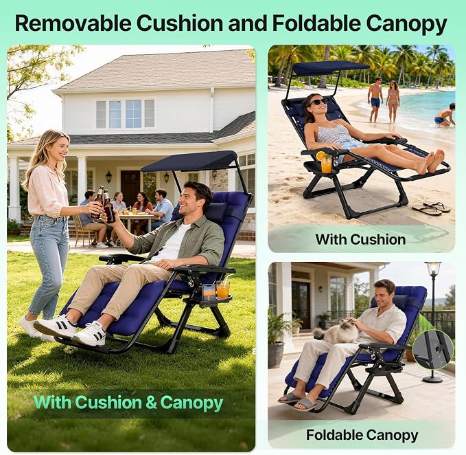 Suteck Zero Gravity Chair with Canopy, Reclining Camping Lounge Chairs | w/Removable Cushion, Upgraded Lock and Cup Holder, Folding Patio Recliner for Indoor and Outdoor，90°-170° Adjust