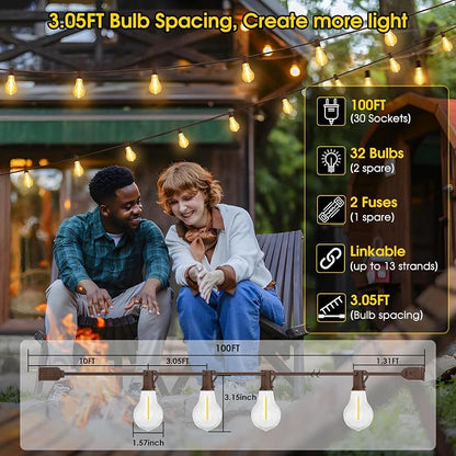 Larkvue 100FT LED Outdoor String Lights, 32 Shatterproof A39 Bulbs, Brown | Plug-in, Waterproof, Linkable, Warm White, Dimmable, for Balcony Backyard Bistro Pergola, Dimmer not Included
