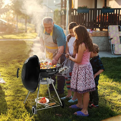 28" Portable Charcoal Grill with Wheels, Thermometer and Storage Holder, Round Barbecue Grills Steel BBQ Grill for Garden Party Picnic Hiking Travel Backyard Cooking, Asadores de Carbon (Black)