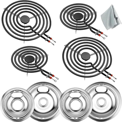W10196405 W10196406 Chrome Drip Pans & MP22YA Electric Range Burner Element | Compatible with Amana/Maytag/Whirlpool Electric Stove, Include 2 6-Inch and 2 8-Inch Silver Drip Pans & Stove Burner Elements