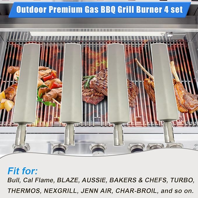 4-Set Heavy Duty Cast 304 Stainless Steel 16" Grill Burners for Bull，Premium Outdoor BBQ Gas Grill Replacements Parts for 16516 23301 44305 Bull Aussie Blaze CharBroil NEXGRILL Thermos Turbo.
