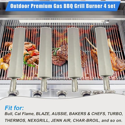 4-Set Heavy Duty Cast 304 Stainless Steel 16" Grill Burners for Bull，Premium Outdoor BBQ Gas Grill Replacements Parts for 16516 23301 44305 Bull Aussie Blaze CharBroil NEXGRILL Thermos Turbo.