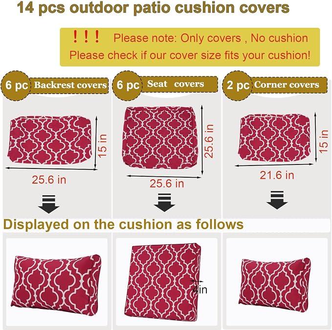 14 Piece Outdoor Patio Cushion Cover Replacement, Waterproof Patio Cushion Covers, Outdoor Furniture Cushion Covers Set for 6 Seat Wicker Rattan Sofa (Red Grid)