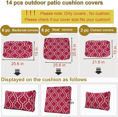 14 Piece Outdoor Patio Cushion Cover Replacement, Waterproof Patio Cushion Covers, Outdoor Furniture Cushion Covers Set for 6 Seat Wicker Rattan Sofa (Red Grid)