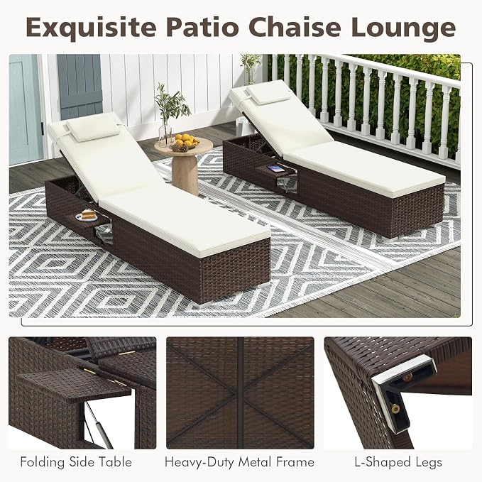 Tangkula Patio Chaise Lounge, Outdoor Rattan Lounge Chair w/ 6-Level Backrest, Comfy Seat Cushion & Headrest, Sturdy Metal Frame, Outside Reclining Chair for Backyard, Poolside (1, Off White)