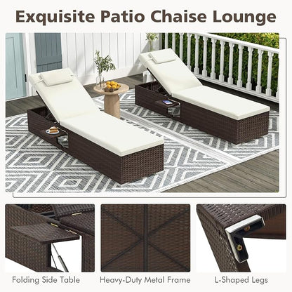 Tangkula Patio Chaise Lounge, Outdoor Rattan Lounge Chair w/ 6-Level Backrest, Comfy Seat Cushion & Headrest, Sturdy Metal Frame, Outside Reclining Chair for Backyard, Poolside (1, Off White)