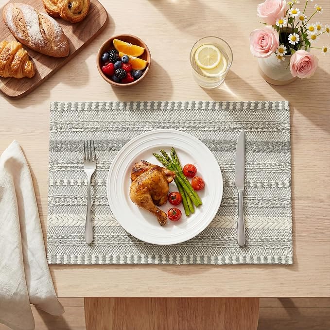 Artoid Mode Dark Grey Farmhouse Woven Braided Stripe Placemats Set of 4,12x18 Inch Seasonal Holiday Table Mats Party Kitchen Dining Decoration