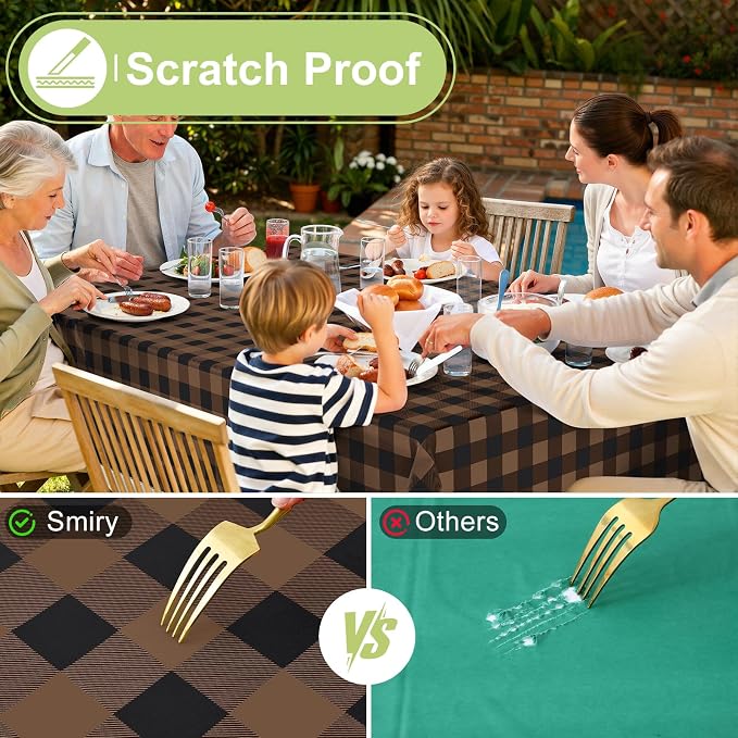 Smiry Picnic Table Cloth, Vinyl Tablecloths with Flannel Backing, 52"x70" | Waterproof Rectangle Table Cloth, Wipeable Buffalo Plaid Table Cover for Indoor and Outdoor (Black & Brown)