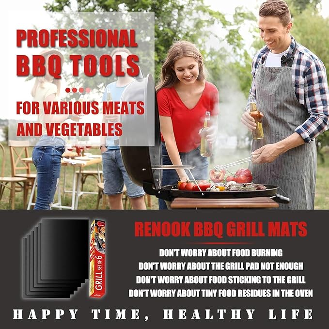Grill Mat Set of 6-100% Non-Stick Reusable Mats for Gas, Charcoal or Electric Grills - Easy to Clean - 23 x 16.5-Inch, Black