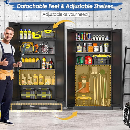 GAIOUS 71" Tall Metal Storage Cabinet with 2 Doors and 4 Adjustable Shelves, Kitchen Pantry Cabinet Black Freestanding Cupboard, 5 Tier Multifunctional Steel Storage for Office, Kitchen, Dining Room
