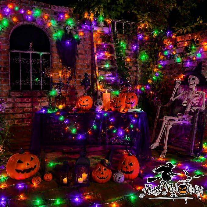 YEGUO 165ft 500 LED Halloween String Lights, Clear Wire Christmas String Lights Indoor, 8 Modes Twinkle Tree Lights Plug in with Timer Memory(Orange Purple and Green)
