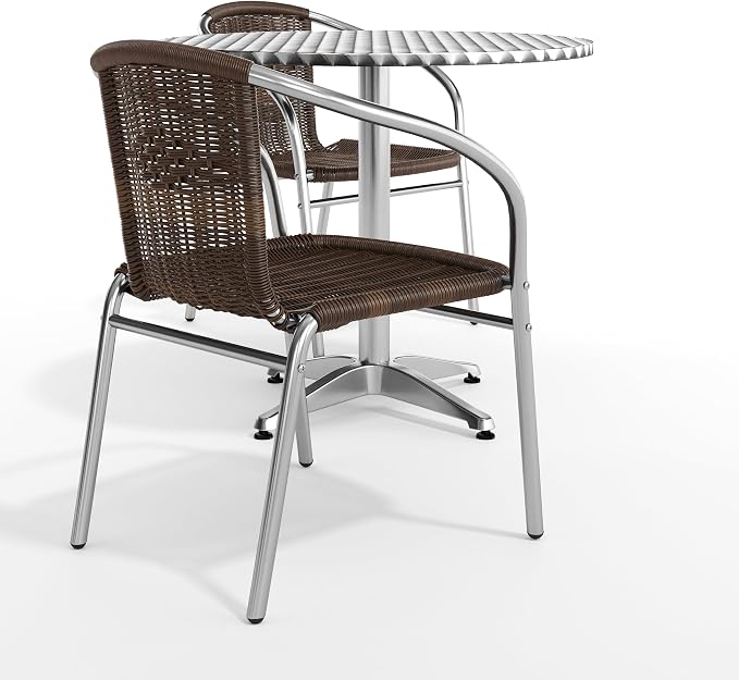 Flash Furniture Lila 31.5'' Round Aluminum Indoor-Outdoor Table Set with 2 Dark Brown Rattan Chairs | Aluminum Tabletop, Indoor/Outdoor