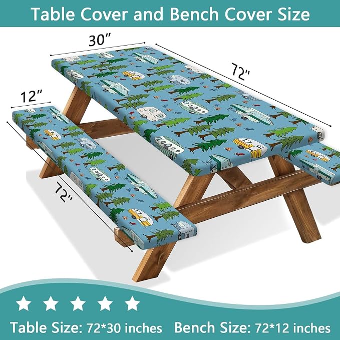 JAWO Picnic Table Cover with Bench Covers Elastic Edges, Camper Rv Fitted Table Cover, Outdoor Patio Camping Essentials, Waterproof Camping Fitted Tablecloth with Drawstring Bag, 30x96in