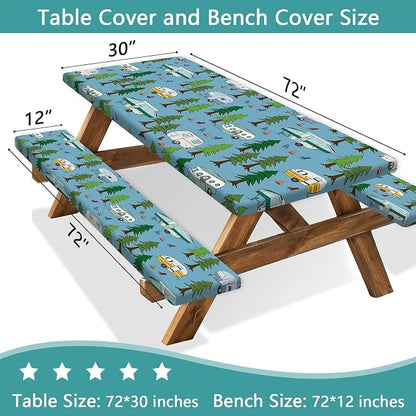 JAWO Picnic Table Cover with Bench Covers Elastic Edges, Camper Rv Fitted Table Cover, Outdoor Patio Camping Essentials, Waterproof Camping Fitted Tablecloth with Drawstring Bag, 30x72in