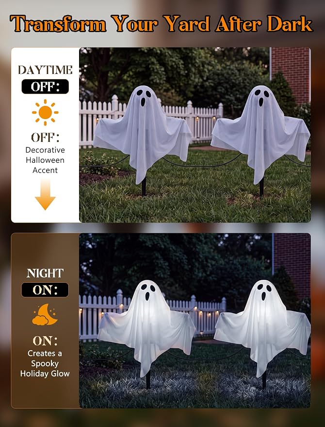 11.5FT Halloween Ghost Pathway Lights Outdoor, 4 Pack LED Lawn Stake Lights | Waterproof, Plug in and Hanging Outdoor Halloween Decorations Ghost String Lights for Garden Walkway Driveways Garden Yard