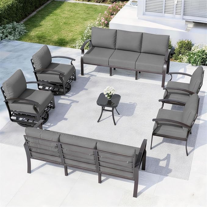 ALAULM Aluminum Patio Furniture Set with 2 Swivel Chairs 10-seat Metal Outdoor Furniture Patio Sectional Sofas Patio Conversation Set w/5.1" Cushions for Patio, Backyard, Poolside-Grey