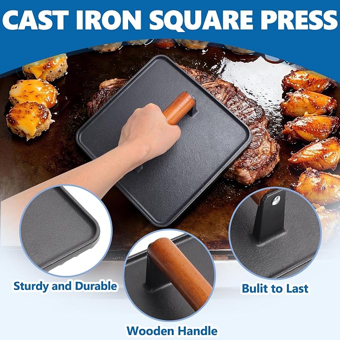 Cast Iron Square Burger Press&Rectangle Meat Press for Griddle Accessories | Bacon Press for Pitboss, Camp Chef Flat Top Grills Accessories, Smash Burger Press for Griddle Cooking Accessories, 2PCS