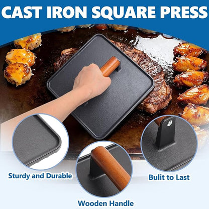 Cast Iron Square Burger Press&Rectangle Meat Press for Griddle Accessories | Bacon Press for Pitboss, Camp Chef Flat Top Grills Accessories, Smash Burger Press for Griddle Cooking Accessories, 2PCS