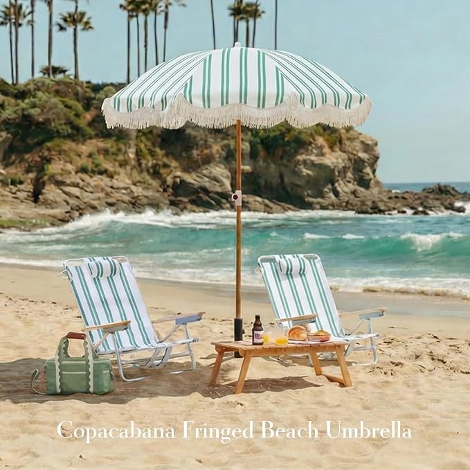 6FT Striped Fringe Beach Umbrella, Sand Anchor, UPF 50+ Sun Shade | Adjustable Tilt & Portable Design, Coastal Umbrella for Beach & Patio, Heritage Ocean Cypress Stripe