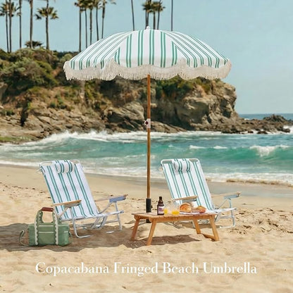 6FT Striped Fringe Beach Umbrella, Sand Anchor, UPF 50+ Sun Shade | Adjustable Tilt & Portable Design, Coastal Umbrella for Beach & Patio, Heritage Ocean Cypress Stripe