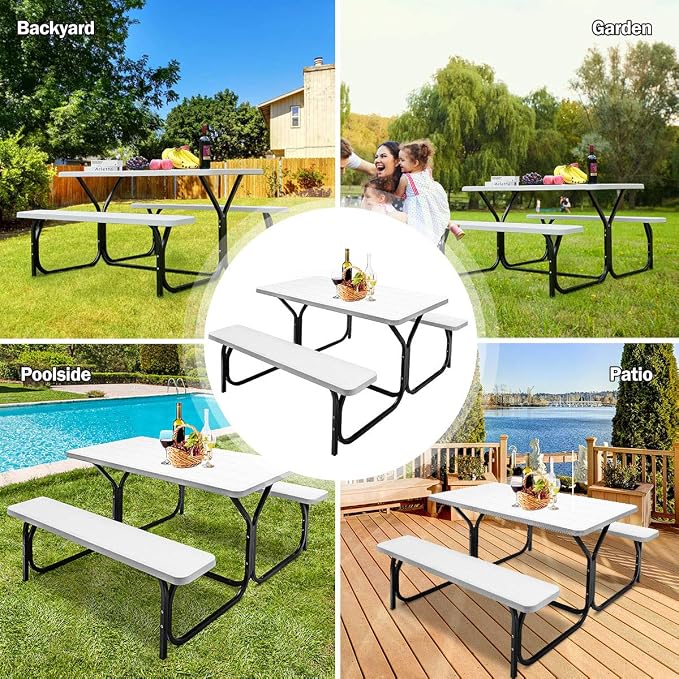 GYMAX Picnic Table, Picnic Bench Easy to Assemble w/All Weather Wood Grain Tabletop & Metal Frame, Picnic Tables for Outdoors Camping Backyard Deck Patio Poolside Dining Party