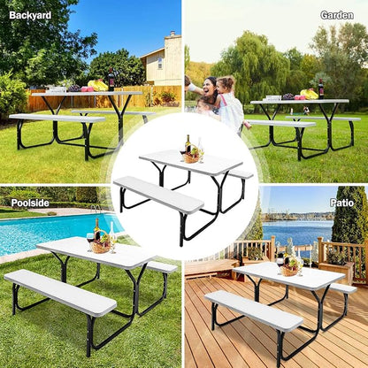 GYMAX Picnic Table, Picnic Bench Easy to Assemble w/All Weather Wood Grain Tabletop & Metal Frame, Picnic Tables for Outdoors Camping Backyard Deck Patio Poolside Dining Party