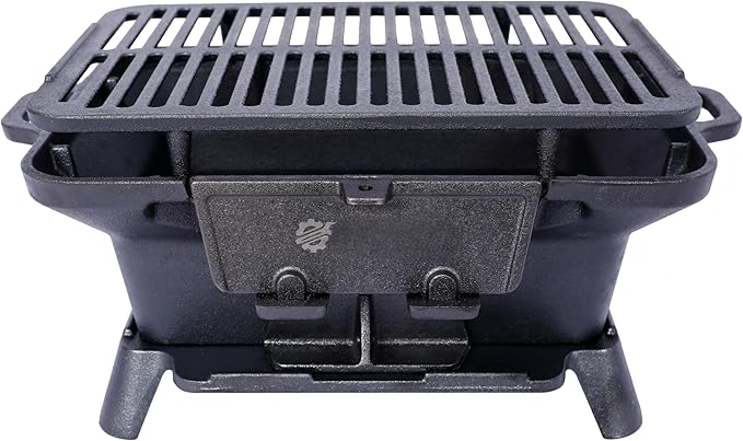 LuckyNote Oval Iron Grill Outdoor, Portable Charcoal Grill and Tabletop Cast Iron Skillet - 100% Cast Iron, Durable, Small Charcoal Grill, Camping Stove, Hibachi Grill Black