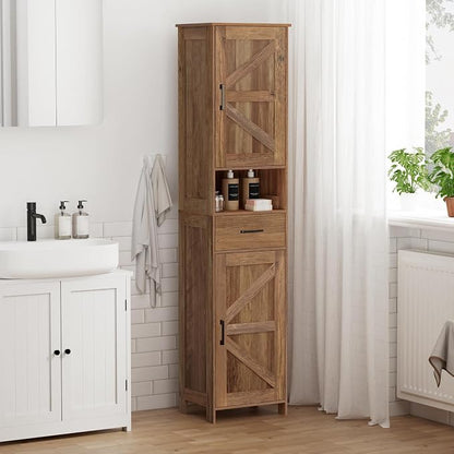 Homhedy 67" H Tall Bathroom Storage Cabinet with Barn Doors and Drawer | Narrow Storage Unit with Adjustable Shelves, Floor Cabinet for Bathroom, Living Room, Entryway,Kitchen,Rustic Walnut, 15.7" W