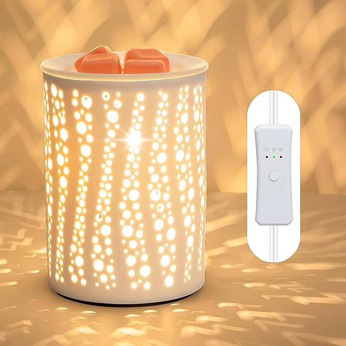PALANCHY Electric Wax Melt Warmer with Timer 2/4/8 Hour, Ceramic Wax Warmer | Oil Burner With Soft Glow Starry Night Light, 2 Bulb 25W Included. Wax Melter For Scented Wax Electric For Nightstand & Shelf