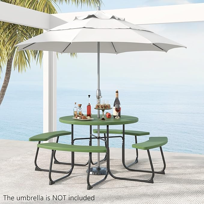 COSTWAY Round Picnic Table with Umbrella Hole, Outdoor Picnic Table with Bench Set for 4-8 People, HDPE Tabletop, Patio Dining Furniture Set for Family Gatherings, BBQ Party, Backyard (Green)