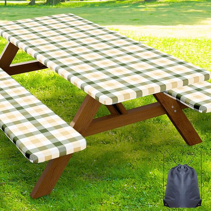 Smiry Picnic Table Cover with Bench Covers, Waterproof Elastic Fitted Tablecloths for 5 Foot Rectangle Tables, Washable Buffalo Plaid Tablecloth for Easter, Outdoor (Sage Green & Beige, 30"x60")