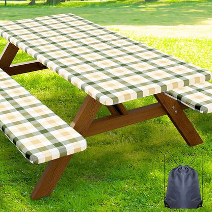 Smiry Picnic Table Cover with Bench Covers, Waterproof Elastic Fitted Tablecloths for 6 Foot Rectangle Tables, Washable Buffalo Plaid Tablecloth for Easter, Outdoor (Sage Green & Beige, 30"x72")