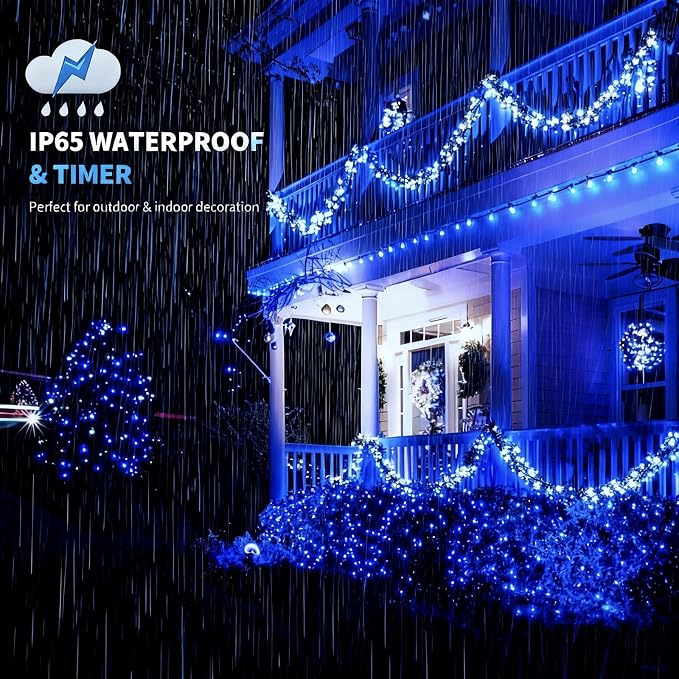 MZD8391 105FT 300LED Christmas Light, Christmas Tree Light, Blue White | Waterproof, 100% UL Listed, 8 Light Mode, Timer & Memory, 4 Set End To End Connect, LED Christmas String Light Outdoor Indoor