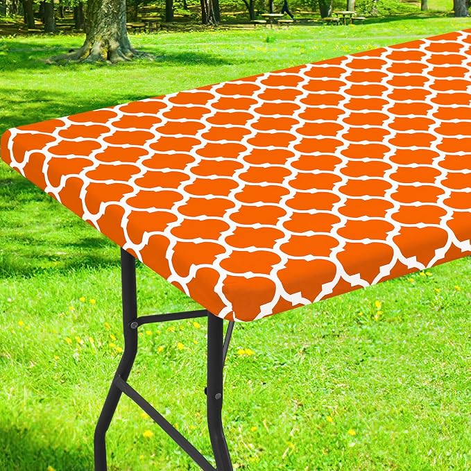 Smiry Picnic Fitted Table Cover, 4 Foot Flannel Backed Vinyl Tablecloth | Waterproof Elastic Stretch Table Cloth, Wipeable Plastic Tablecloth for Camping, Indoor & Outdoor (Orange, 24" x 48")
