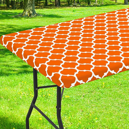 Smiry Picnic Fitted Table Cover, 4 Foot Flannel Backed Vinyl Tablecloth | Waterproof Elastic Stretch Table Cloth, Wipeable Plastic Tablecloth for Camping, Indoor & Outdoor (Orange, 24" x 48")