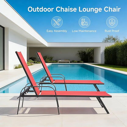 DUMOS Outdoor Lounge Chaise, 5-Position Chaise Lounge with Armrests, Sun Tanning Chair 350 lbs Heavy Duty Patio Pool Chair, Waterproof Sun Lounger for Deck, Backyard, Beach & Poolside, Red
