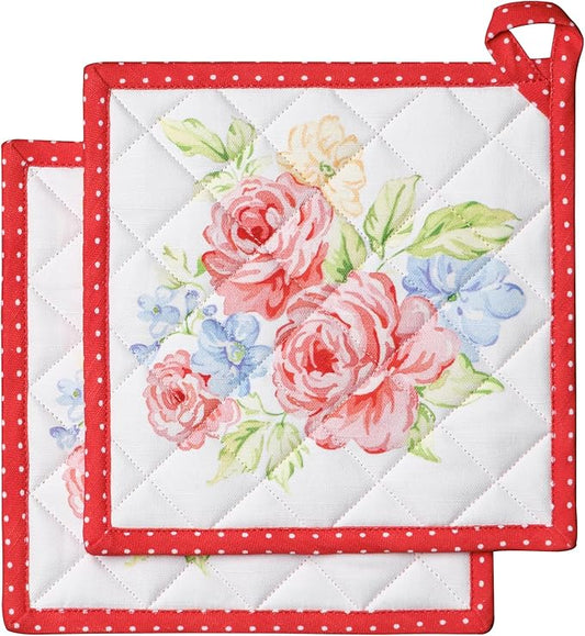 Maison d' Hermine Pot Holders 100% Cotton Heat Resistant Potholders 8" x 8" Hot Pads with Loop BBQ Cooking Baking Hotel Farmhouse Kitchen Handling Hot Pans Spring Summer (Pack of 2, Vintage Floral)