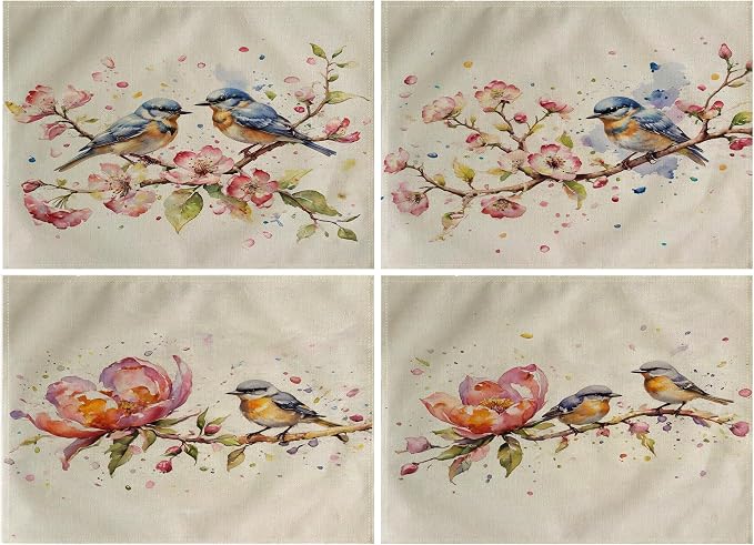 Watercolor Painting Birds Table Mats Set of 4 Spring Pink Flowers Placemats Waterproof Heat Resistant Washable Non-Slip Place Mats for Dinner Room Kitchen Decor Table 12”×16”(Pink)