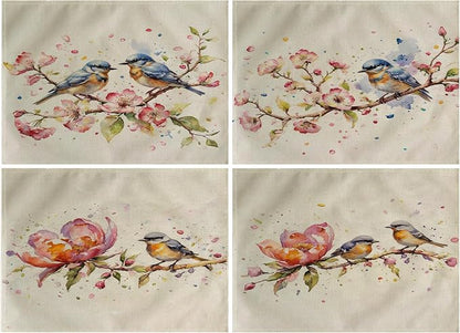 Watercolor Painting Birds Table Mats Set of 4 Spring Pink Flowers Placemats Waterproof Heat Resistant Washable Non-Slip Place Mats for Dinner Room Kitchen Decor Table 12”×16”(Pink)