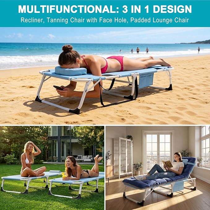 ABORON Oversized Folding Sun Tanning Chair, 3 in 1 Heavy Duty Chaise Lounge Chairs, with Mat/Pillow/Face Arm Holes, Work for Beach Pool/Lawn Yard/Patio