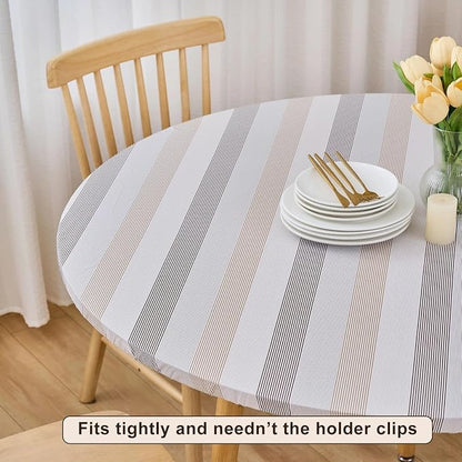LIBERECOO Round Vinyl Fitted Tablecloth with Flannel Backing Elastic Edge Table Cover Waterproof Stain-Resistant Wipeable Tablecloths Fits 45-56 Inch Round Tables